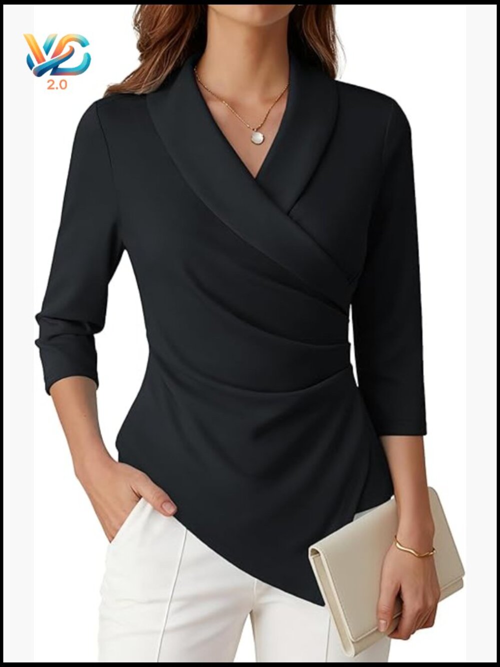 V Neck Wrap Blouse 3/4 Sleeve Ruched Elegant Work Office Business Casual Top